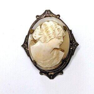 Antique Hand Carved Shell Cameo Brooch Jewelry Unsigned